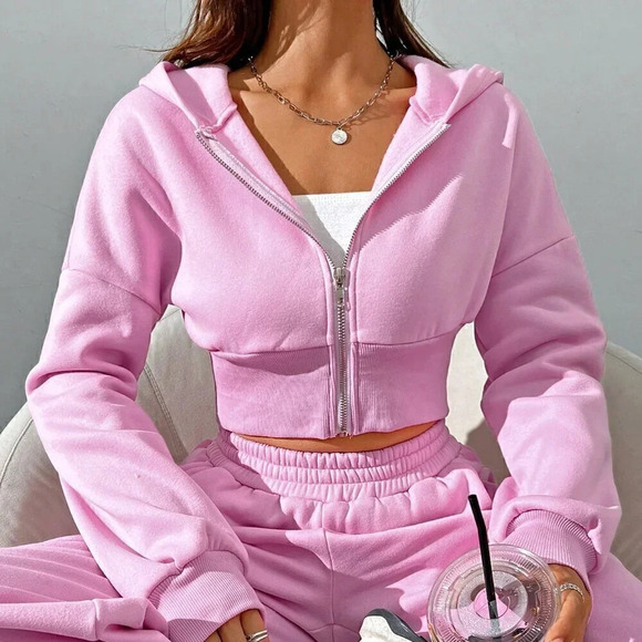 Pink Casual Women's Spring Zip Front Hooded Sweatshirt And Pants Two Piece Set - Picture 2 of 7